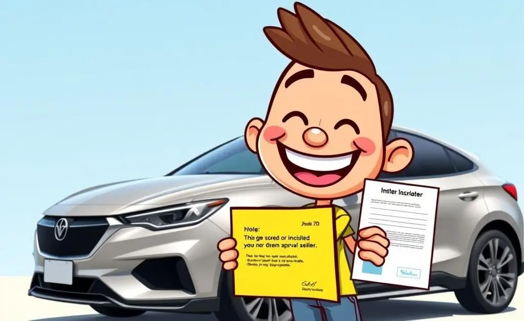 Cartoon-style happy customer holding an insurance approval letter, standing beside their car.