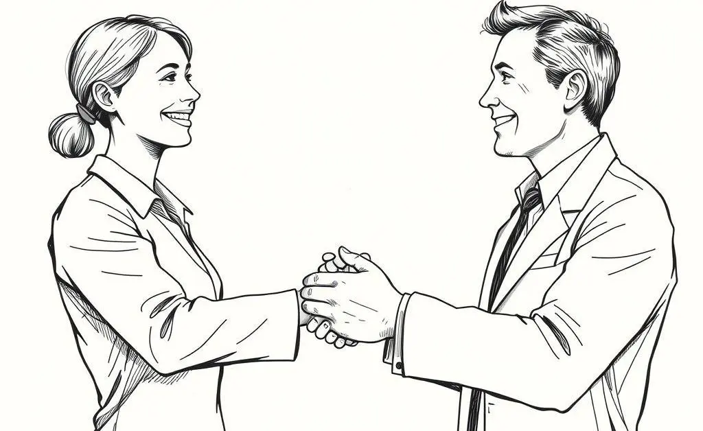A hand-drawn aesthetic of a satisfied customer shaking hands with a specialist.