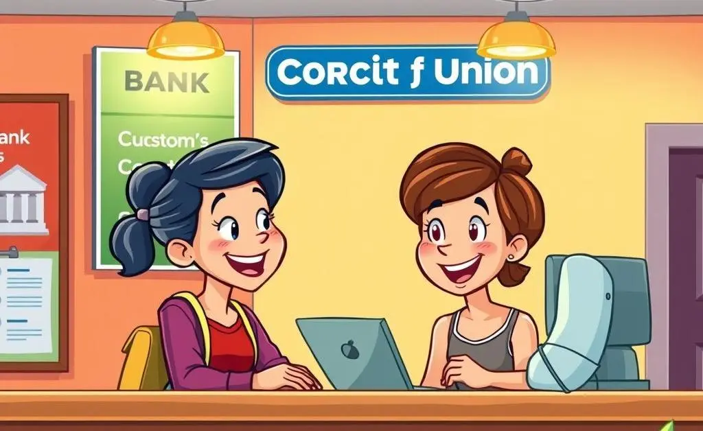 A happy customer discussing finances at a credit union desk