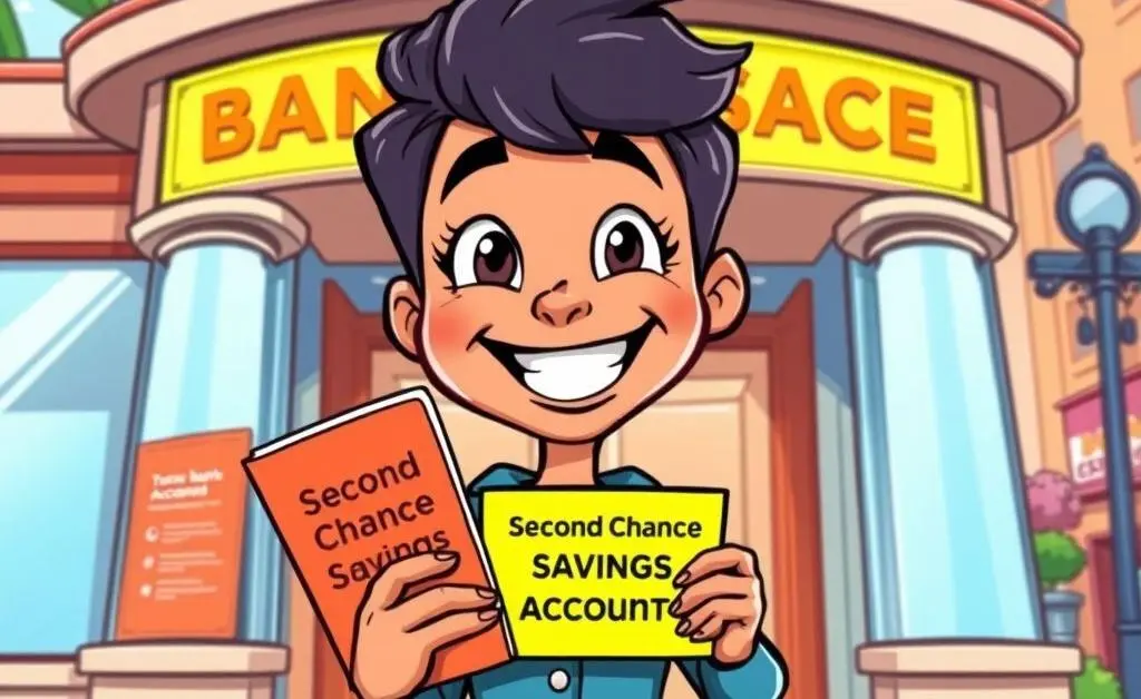 Cartoon-style illustration of a cheerful person exiting a bank holding a second chance savings account booklet.