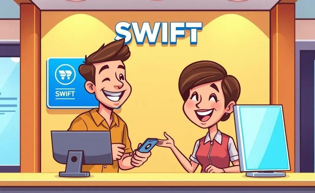 Cartoon-style illustration of a happy customer at a bank counter, representing successful SWIFT transactions.