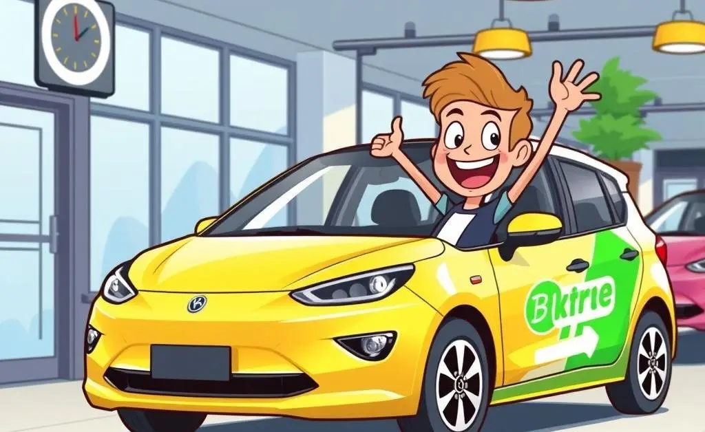 A customer happily purchasing an electric vehicle at a dealership, in a cartoon style.