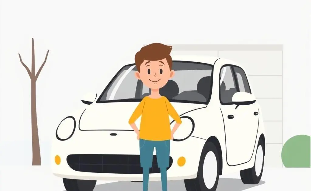 A happy person standing beside their car in a driveway.