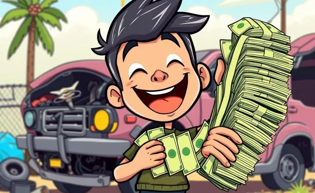 A cartoon character happily holding a stack of money with a broken car in the background.