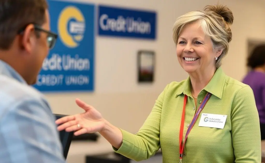A smiling customer receiving service at a credit union.