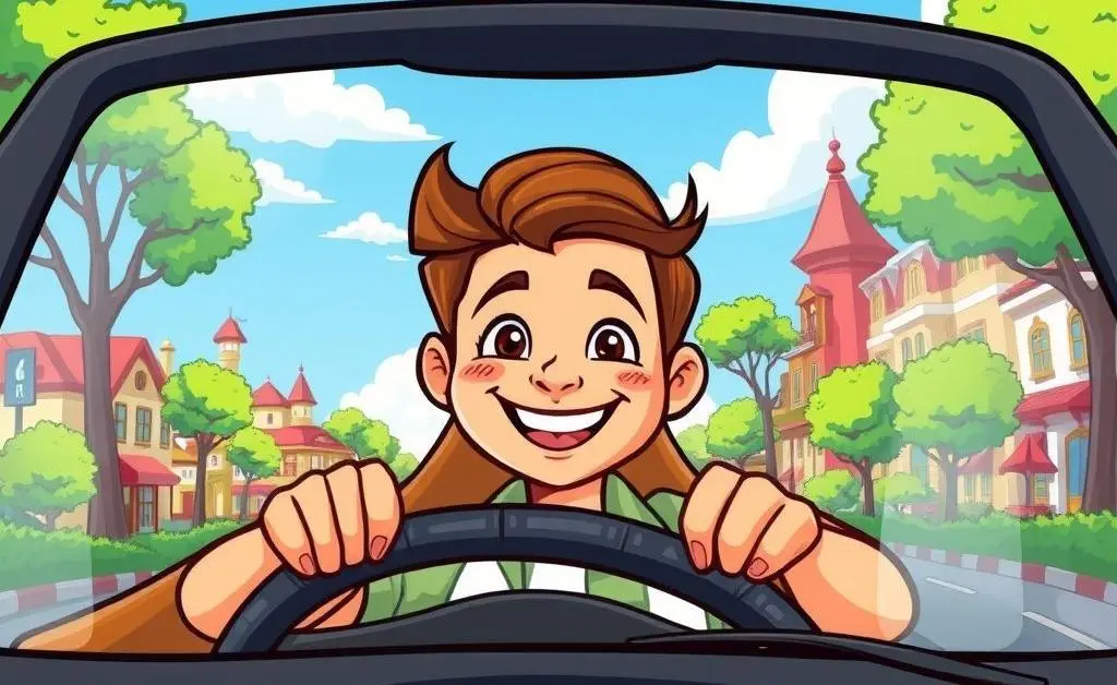 Cartoon-style image of a happy person driving their car.