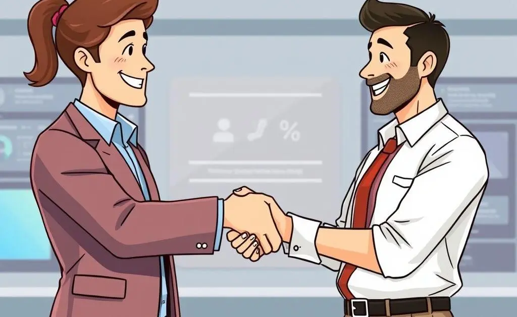Illustration of an insurance agent and customer happily shaking hands with digital screens in the background.