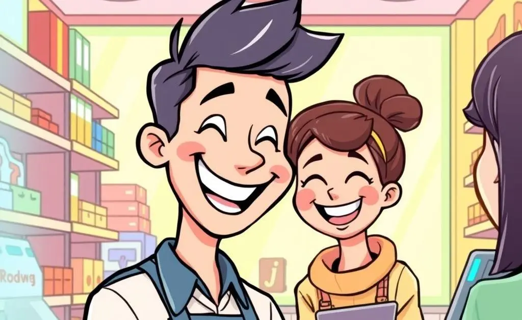 Shopkeeper interacting with a happy customer.