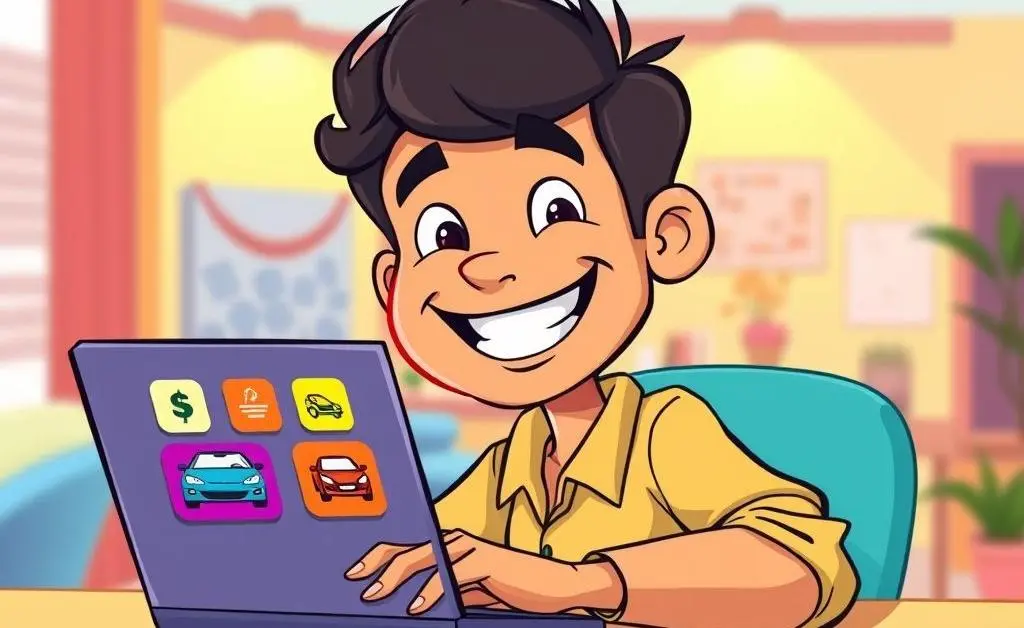 Cartoon of a happy person using a laptop with car and insurance icons