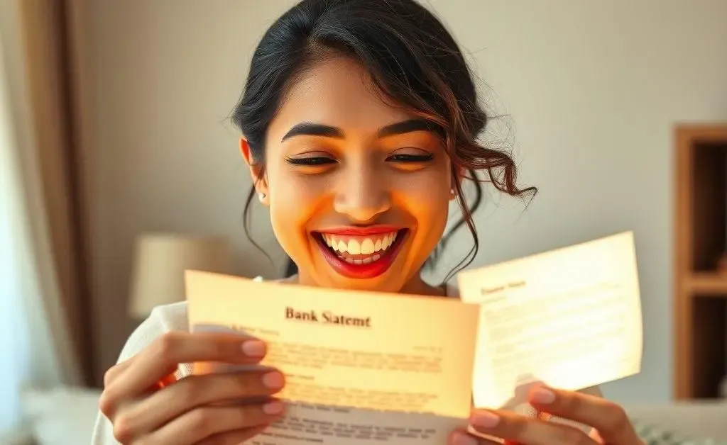 A cheerful person opening a positive bank statement or letter