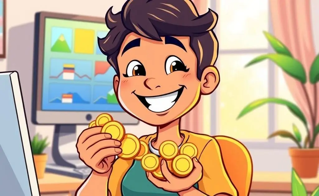 Cartoon-style image of a happy person holding saved coins, sitting at a computer