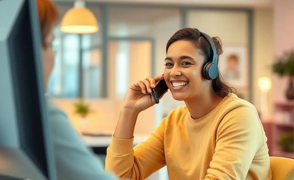 Happy person making a customer service call