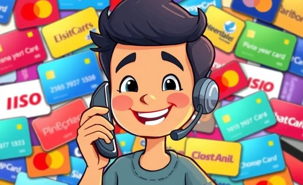 Cartoon person happily talking on the phone with a customer service representative