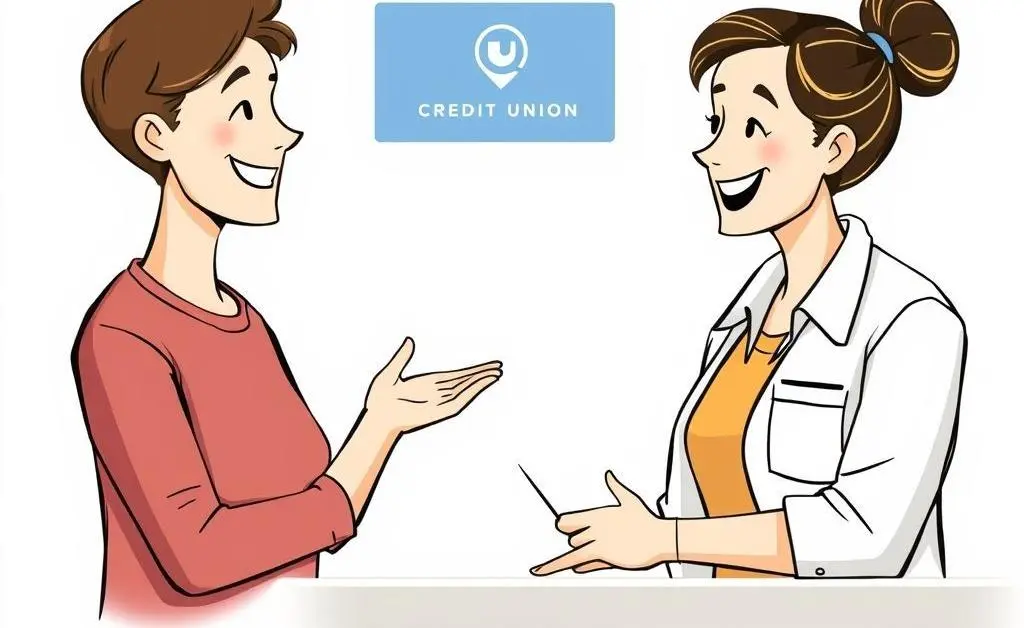 An illustration of a happy member talking with a friendly credit union representative.