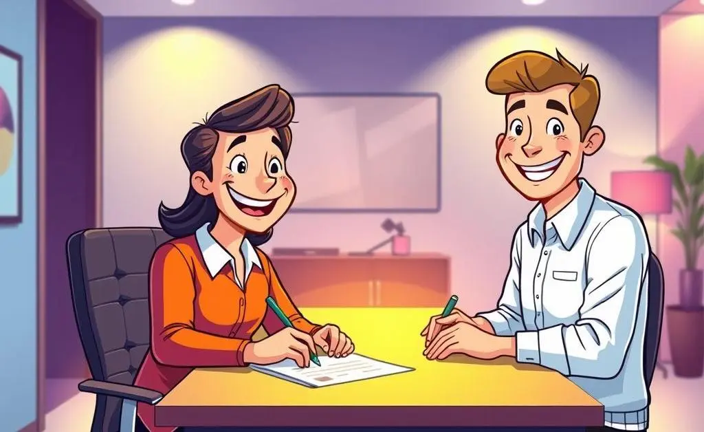 A cartoon image of a happy customer signing life insurance papers with an agent smiling across the table.