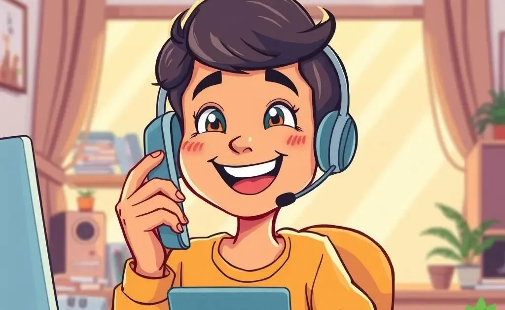 Cartoon of a cheerful person talking on the phone with customer support