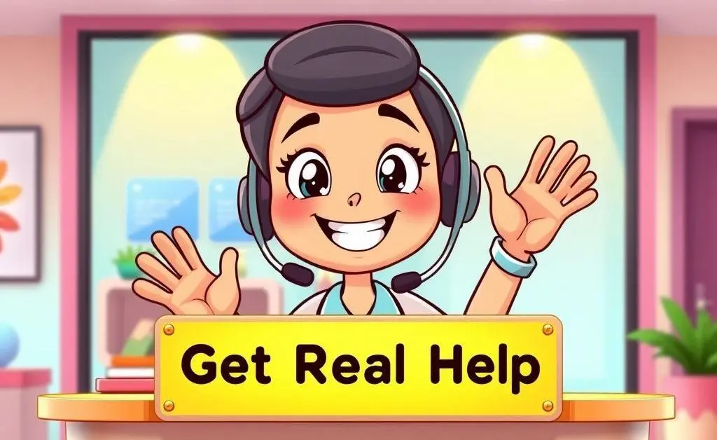 A cartoon customer service representative smiling and waving.