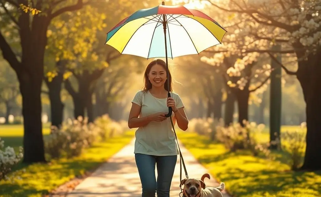Person enjoying a sunny day while holding an umbrella and walking a dog, representing peace of mind with good insurance.