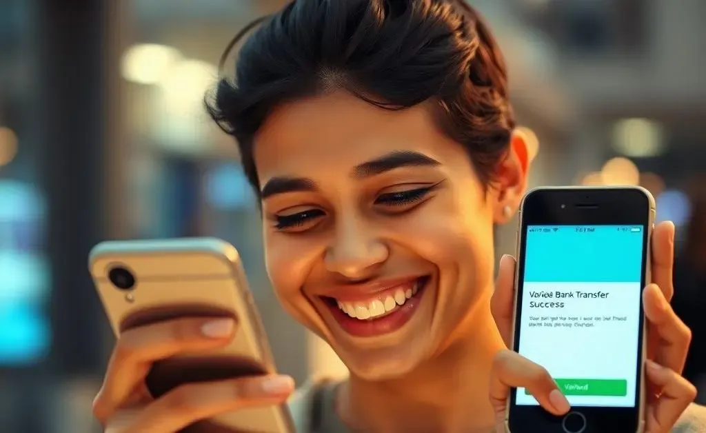 Person smiling at successful bank transfer on phone