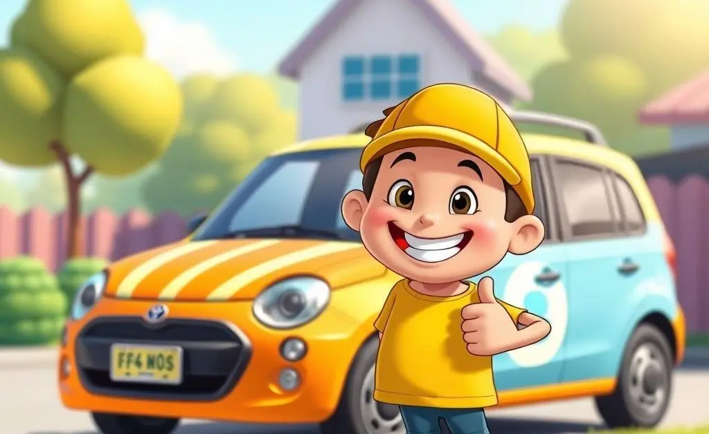 A happy cartoon character with their insured car