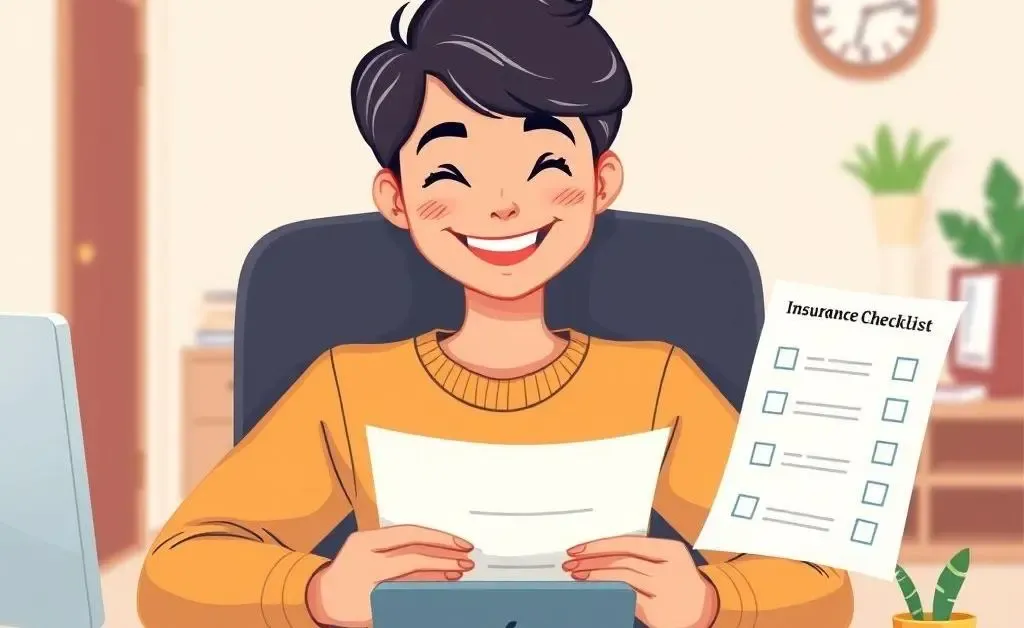 Happy individual reviewing insurance documents and checklist