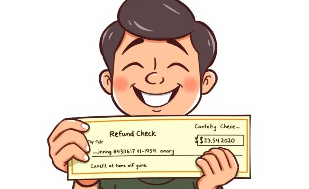 A relieved and smiling customer holding a refund check
