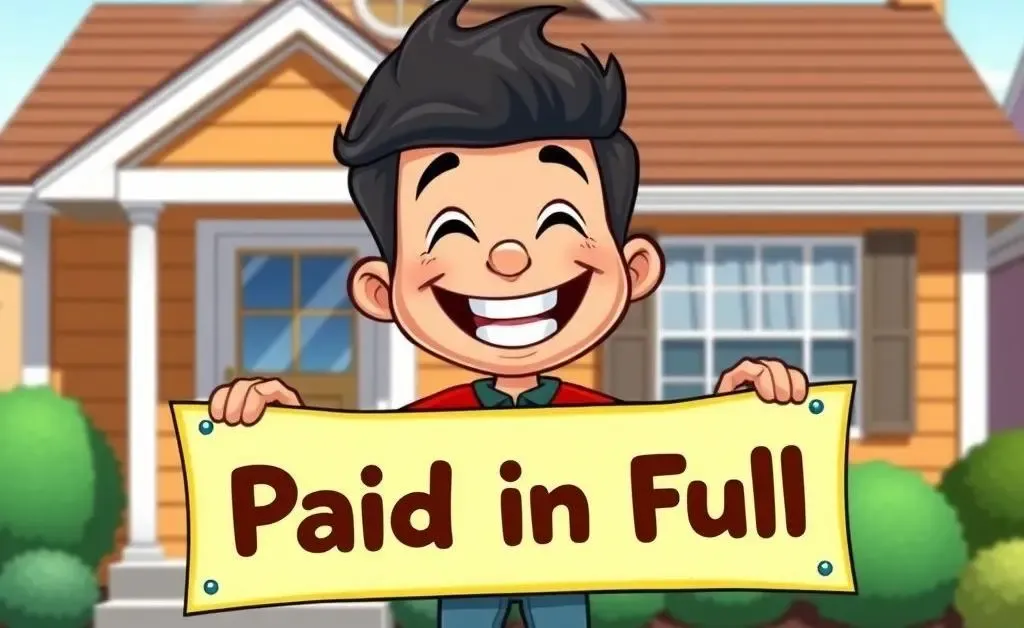 A person with a 'Paid in Full' sign in front of their house