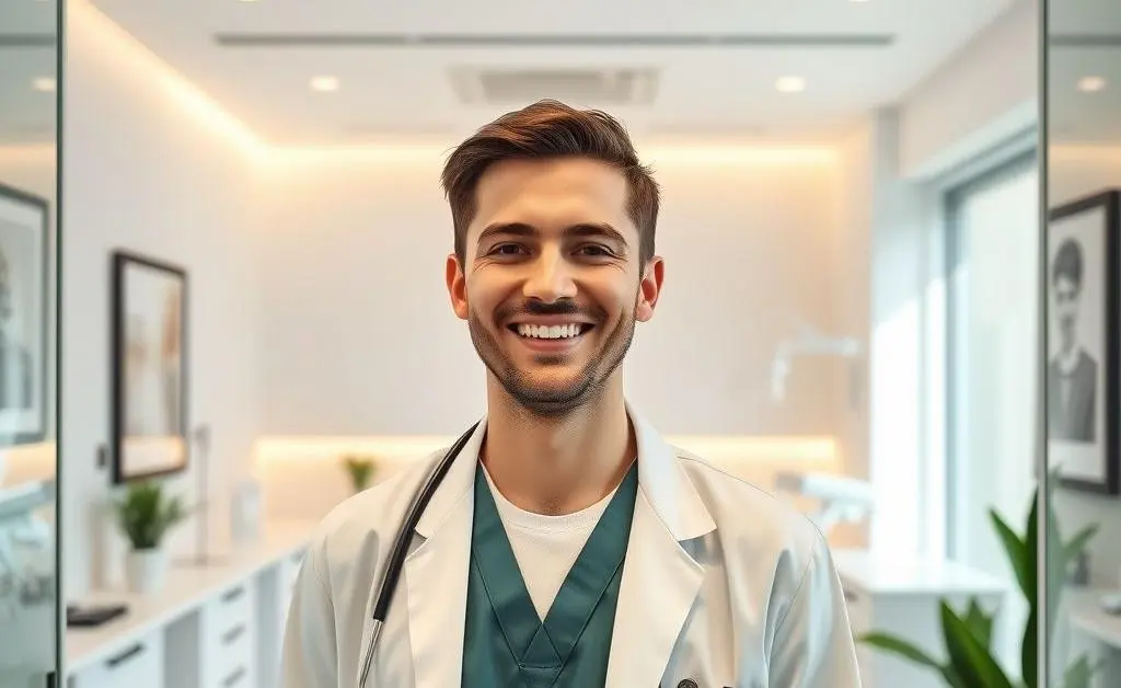 A young, happy dentist welcoming patients into a modern office.