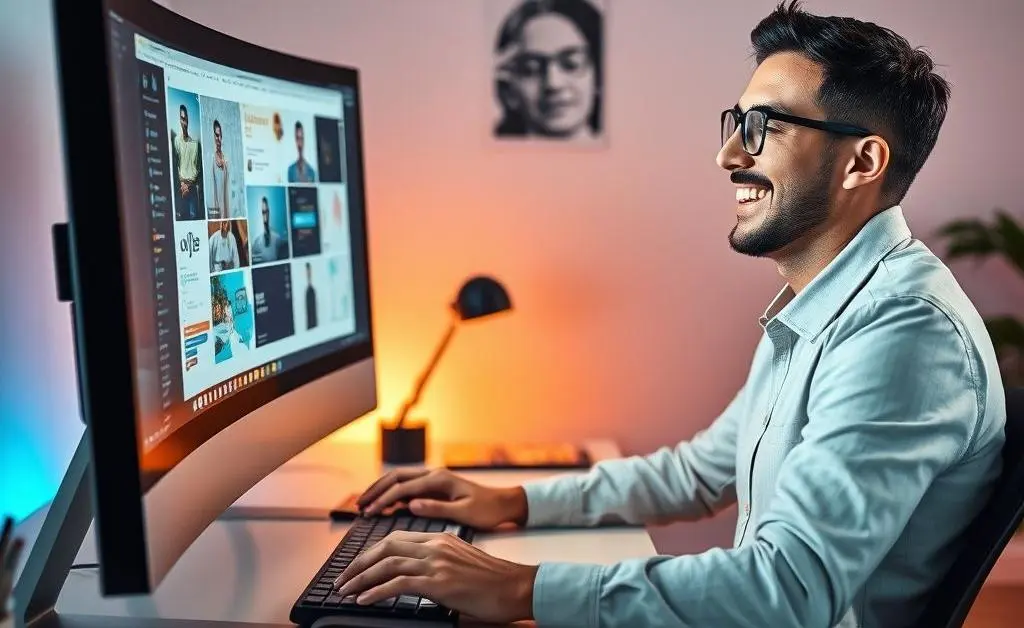 A cheerful designer using a computer to revise a creative portfolio.