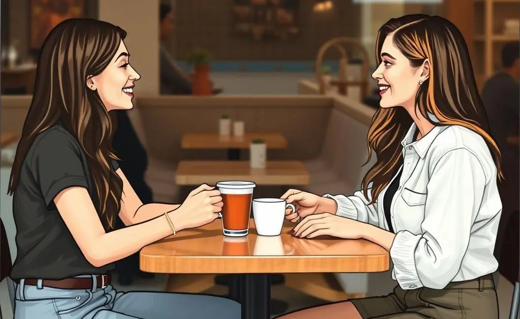 Two friends sitting at a cafe table with coffee, discussing plans