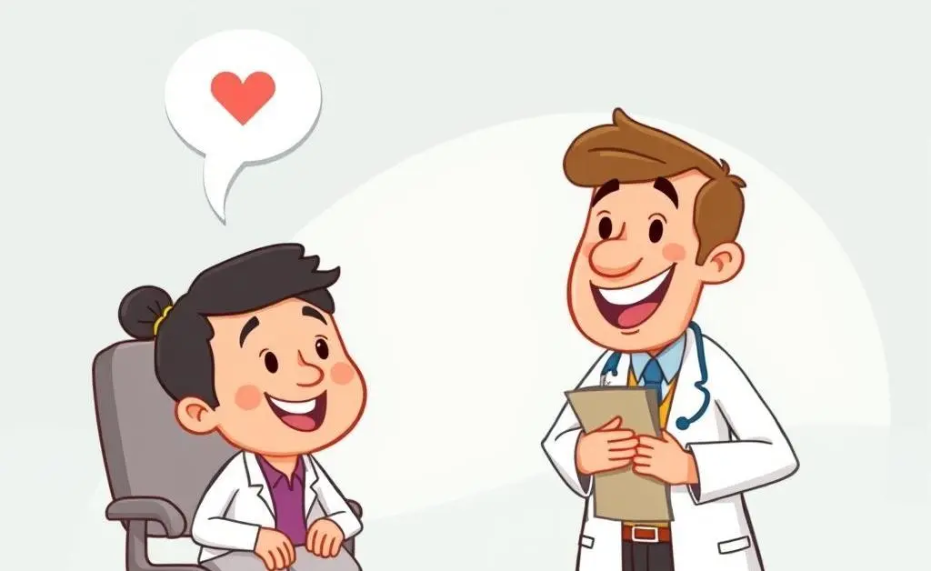 A cartoon-style scene of a doctor and patient happily discussing health insurance coverage.