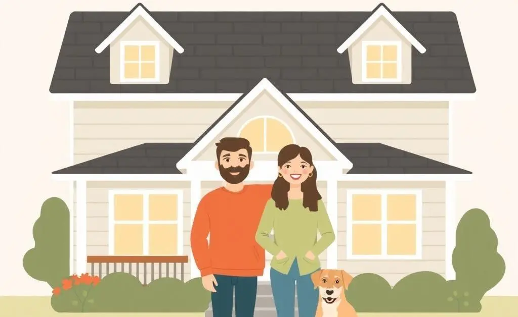 Minimalist illustration of a family with their dog posing in front of their house