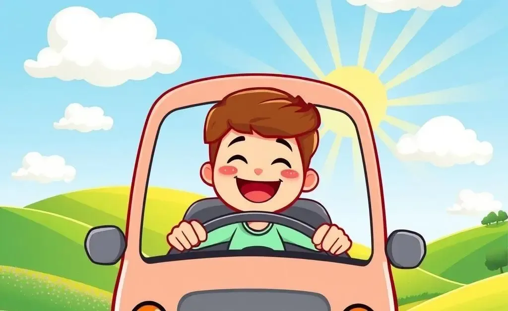 A happy person driving through a sunny landscape.