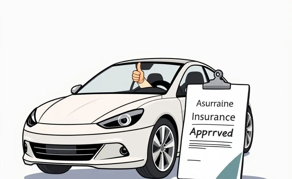 Drawing of a happy driver next to a car with a document labeled 'Insurance Approved'.