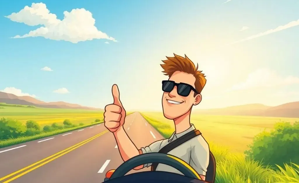 Illustration of a relaxed driver with thumbs up on an open road
