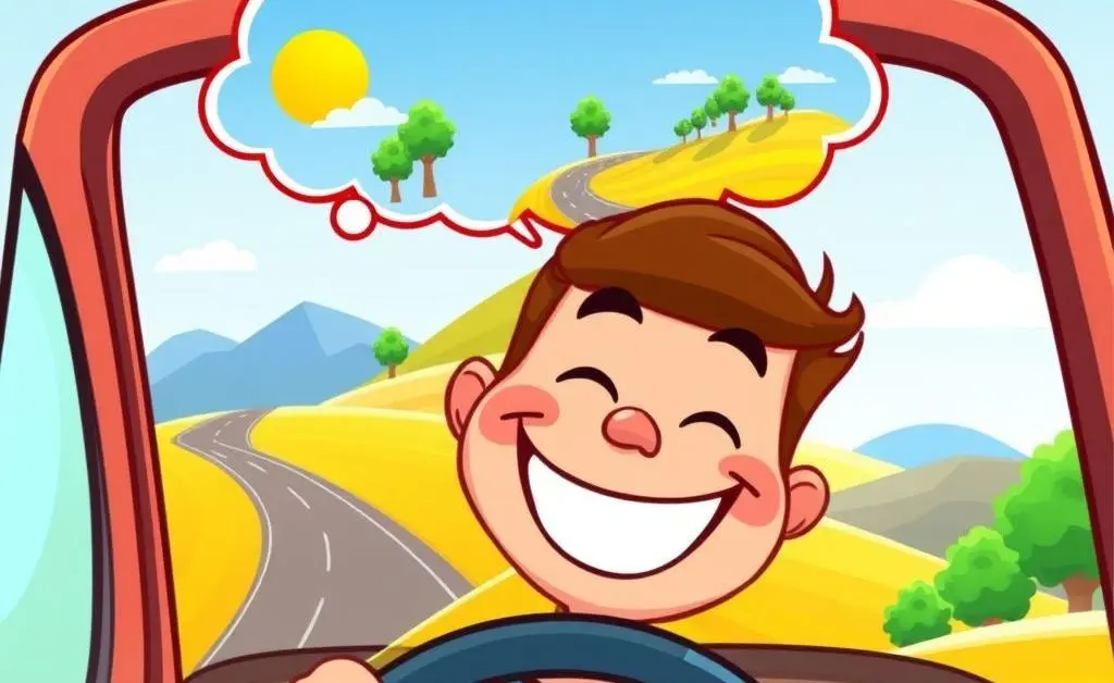 Driver smiling with a thought bubble of a scenic road trip