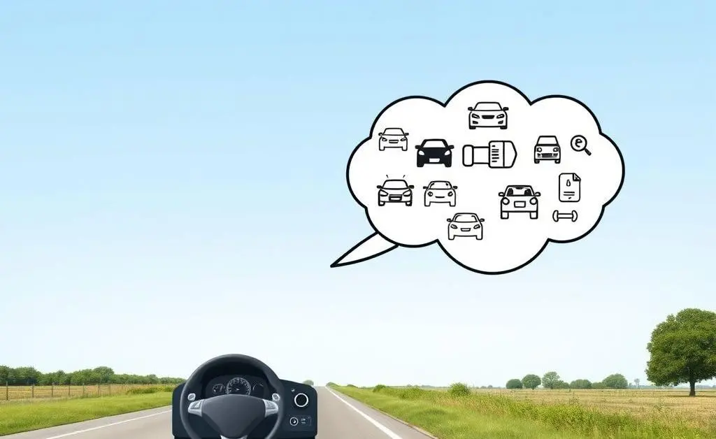 A happy driver on a clear road with a thought bubble of car insurance icons.