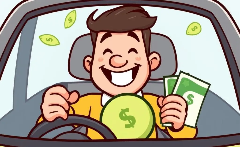 Cartoon of a happy driver holding savings while their car insurance premium drops.