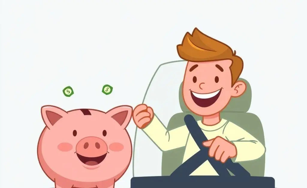 Smiling driver next to a piggy bank overflowing with cash, symbolizing savings