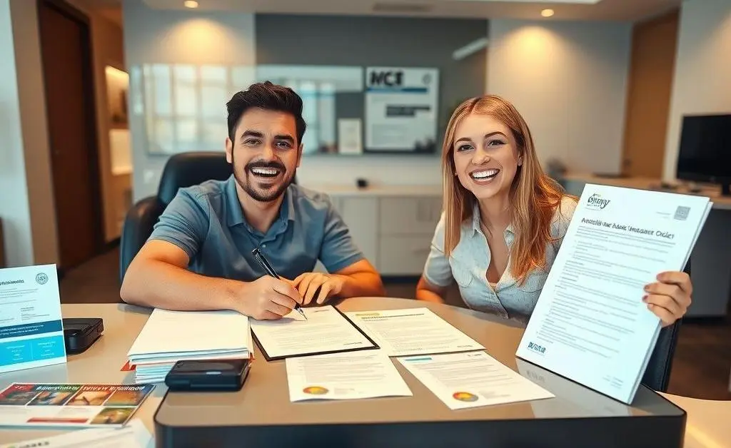A happy driver signing a new auto insurance policy at a desk surrounded by friendly insurance documents.