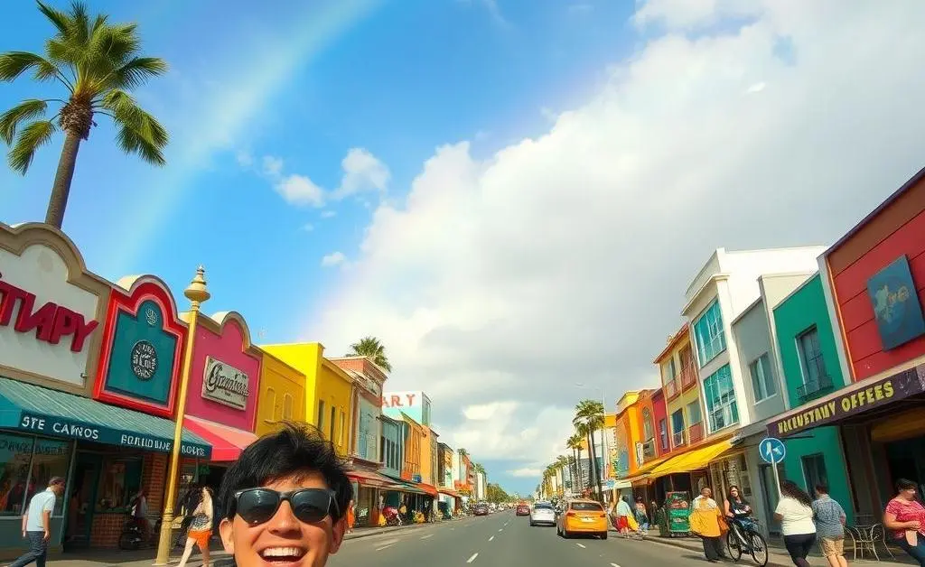 A happy driver on a vibrant street with a rainbow in the sky