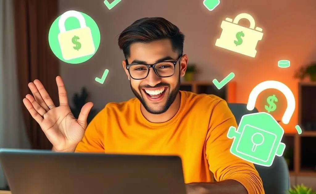 A person happily budgeting on their computer, featuring icons of financial security, like locks or check marks.