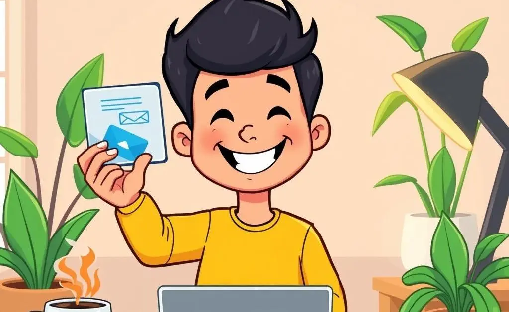 Cartoon of a happy person showing a decluttered inbox on their laptop screen, surrounded by plants and coffee.