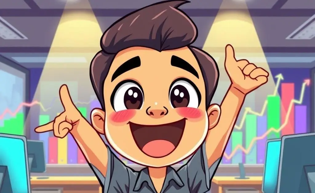 Cartoon image of an ecstatic employee receiving benefits at work, with stock charts in the background.