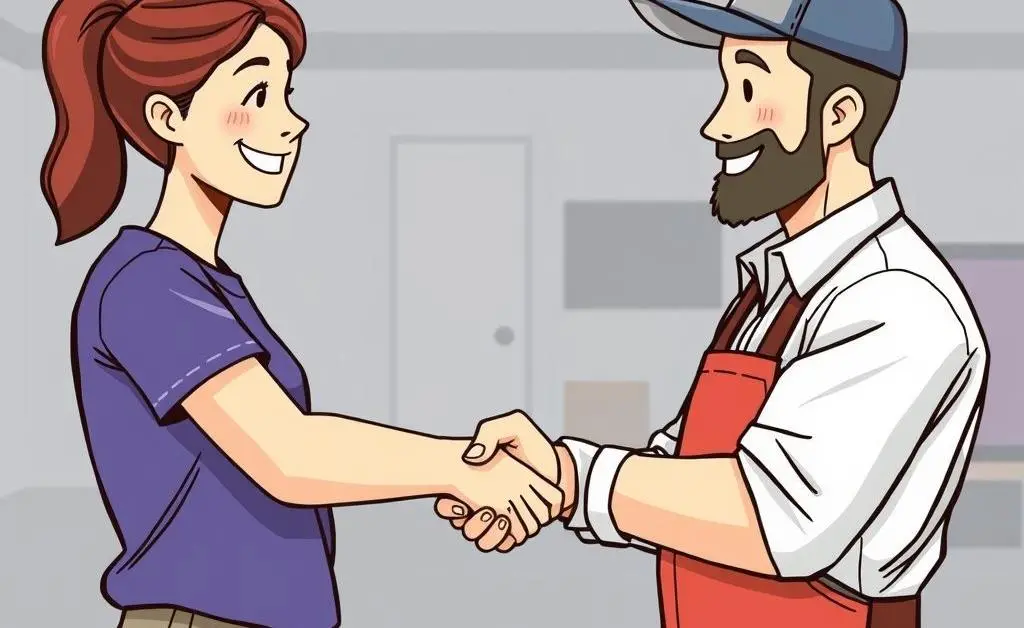 Illustration of a person shaking hands with a car repair shop owner, smiling