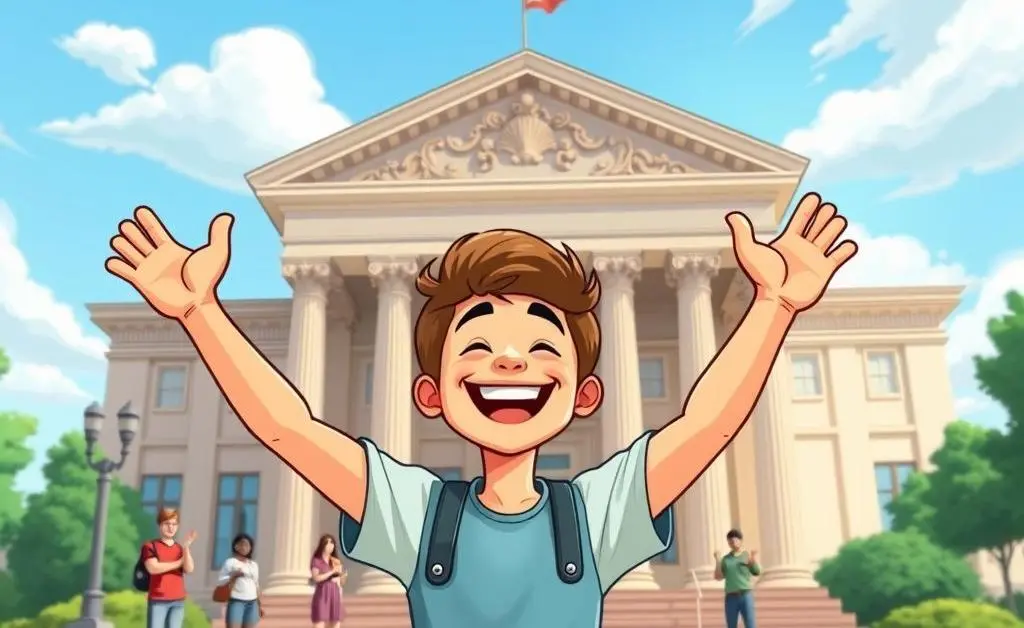 Happy person celebrating outside a courthouse