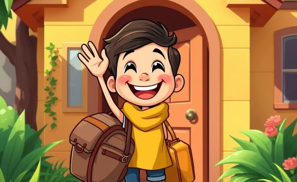 A cartoon person happily leaving a house, carrying packed bags with a smile.