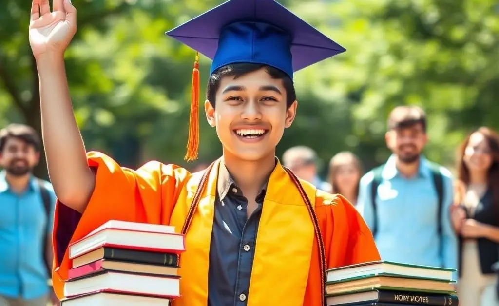 A joyful student with books and a graduation cap, celebrating exam success.