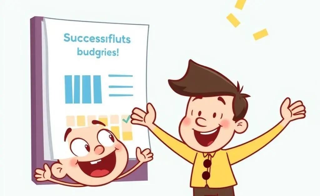 A character celebrating a successful budget planner.