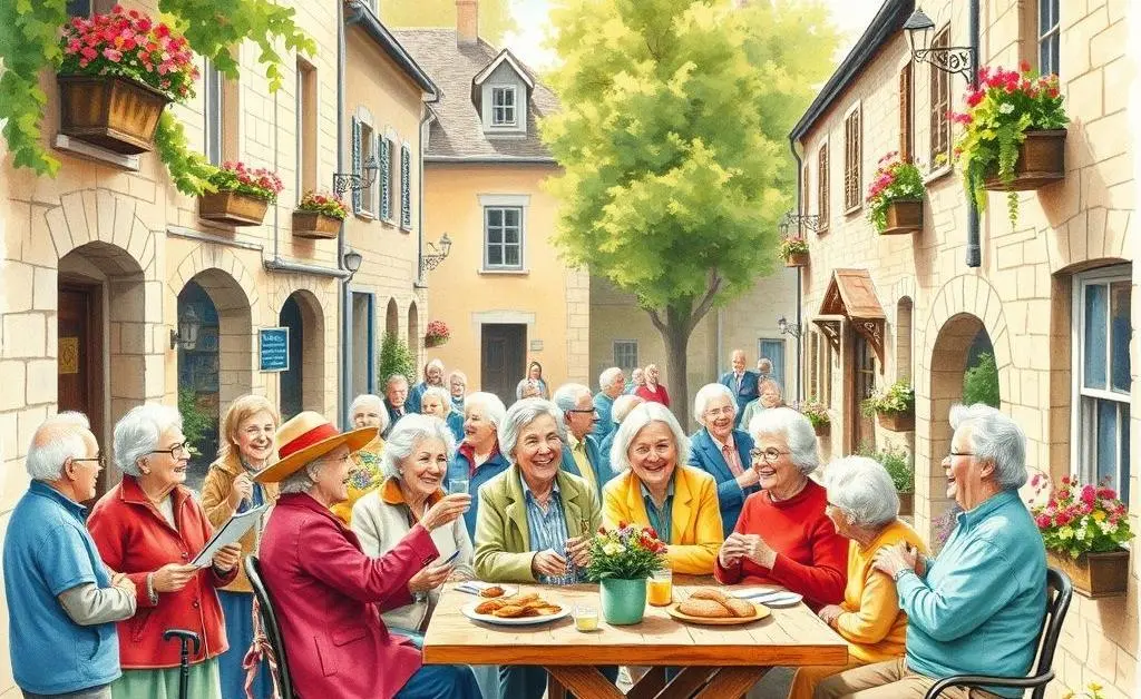 Group of retirees enjoying a gathering in a village